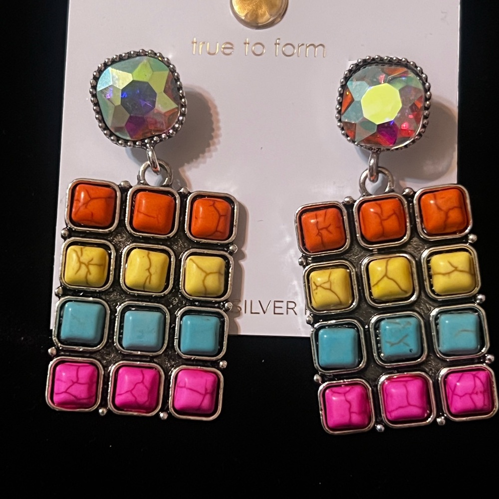 Colorful Stone Grid Dangle Earrings | Bold Statement Multicolor